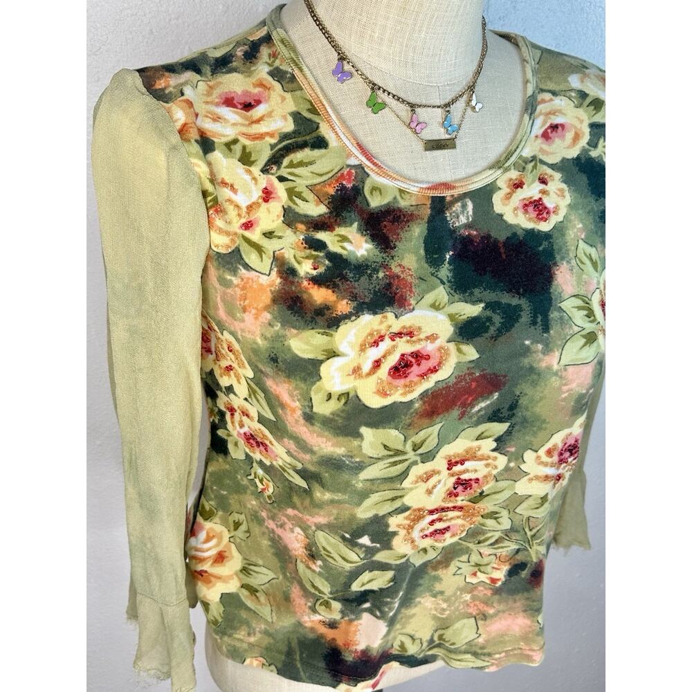Vtg Ash & Sara Sequin Fairy Floral Whimsy Top With Sheer Flare Sleeve Large